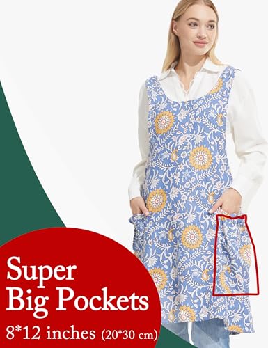 Cozy Adjustable Cross Back Aprons for Women with Pockets Cotton Linen Cooking Kitchen Baking Blue Background Yellow Flowers (Blue Background Yellow Flowers)
