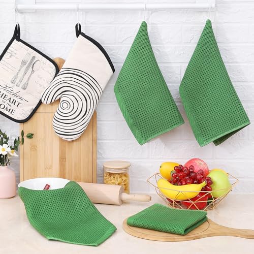 100% Cotton Waffle Weave Kitchen Dish Cloths 6 (Grass Green / 12 X 12 - 6 Pack)