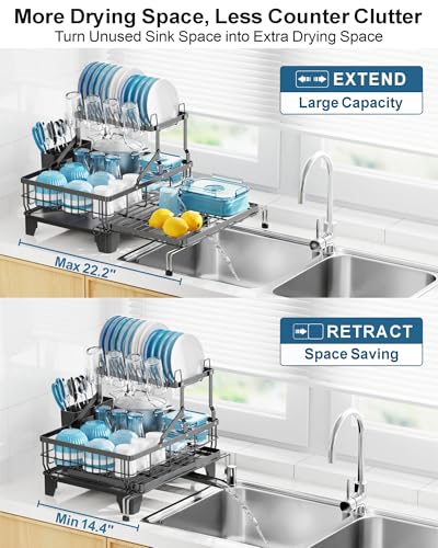 Large 2 Tier Dish Drying Rack (Black / 2-Tier, Expandable 14.4"-22.4" W)
