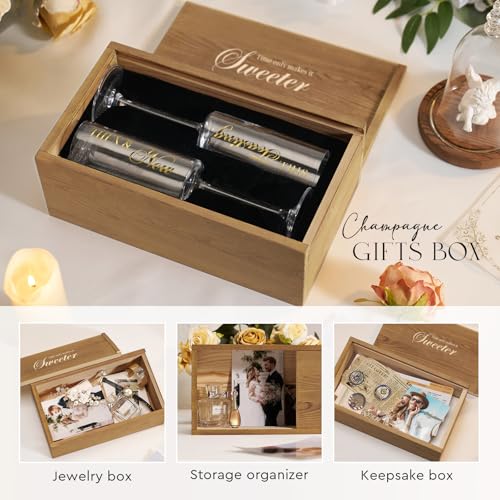 Anniversary Champagne Flutes Set of 2 with Wooden Keepsake Box (Anniversary（Brown） / Set of 2（Wooden box）)