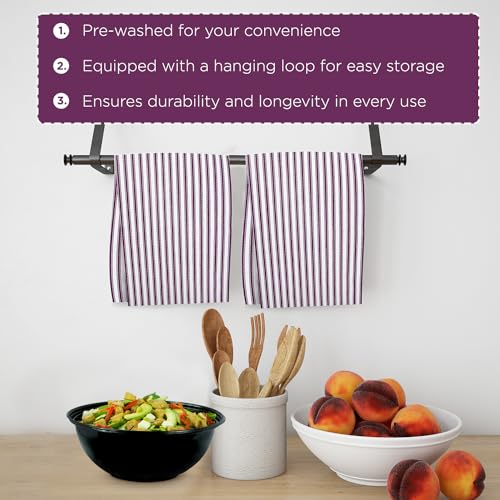 Stripe Kitchen Towels Decor Hanging Loop Tea Dish Towels Boho Absorbent Festive Gift Set of 6 Pantry Reusable 18x28 Inch Kitchen Dish Towels (Purple (French))