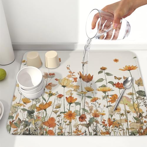 Fall Floral Dish Drying Mat for Kitchen Counter Orange Rustic Vintage Wildflower Pattern Microfiber Dish Drainer Mat Autumn Absorbent Washable Drying Pad Extra Large 16"x18" (Fall Floral / 18" x 16")