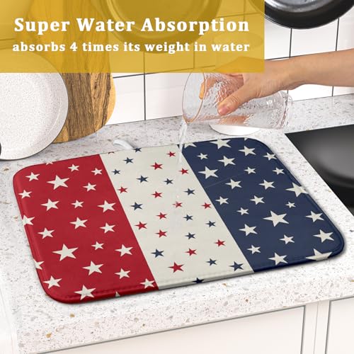 Blue Red White Star July of 4th Patriotic Dish Drying Mat for Kitchen Counter 16x18 Independence Day Absorbent Reversible Microfiber Drying Mats Kitchen Countertop Protector Dishes Drainer Rack Pad (16" x 18")