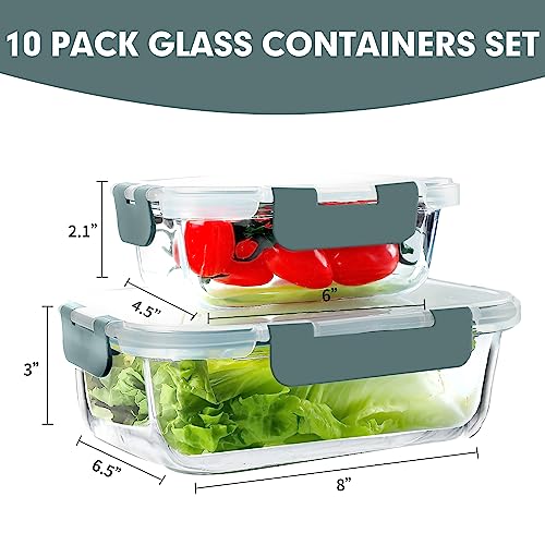 10 PACK Glass Meal Prep Containers Set with Lids (Grey)