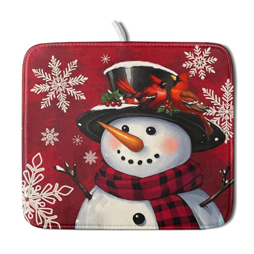 Christmas Snowman Dish Drying Mat for Kitchen Counter 16x18 Xmas Snowflake Winter Holiday Dark Red Absorbent Reversible Microfiber Drying Mats Kitchen Countertop Protector Dishes Drainer Rack Pad (16" x 18")
