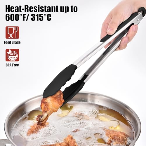 Kitchen Tongs with Silicone Tips for Cooking Serving (Set of 3 (7+9+12in) / Black)