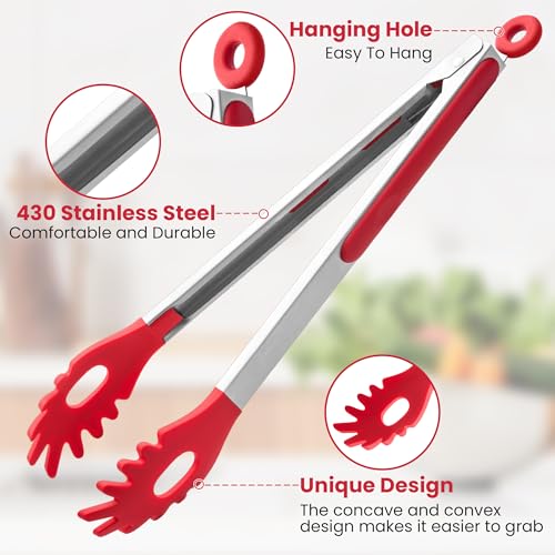 2 PCS Pasta Tong Spaghetti Tongs (9"+12"-Red)