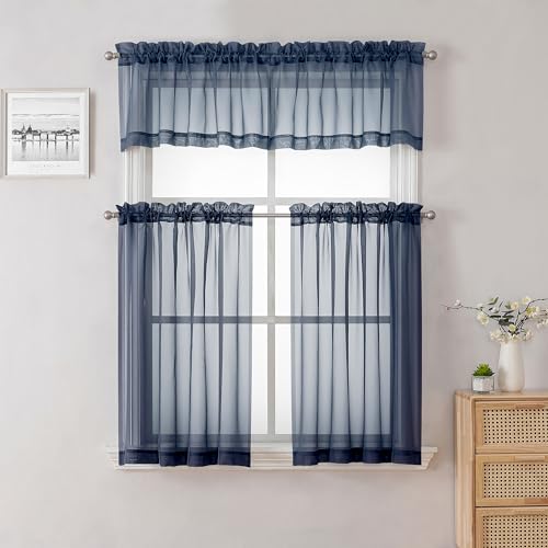 Navy Blue Sheer Valances for Windows 18 Inch Length 2 Pcs (Navy Blue / 42"W x 18"L (Pack of 2))