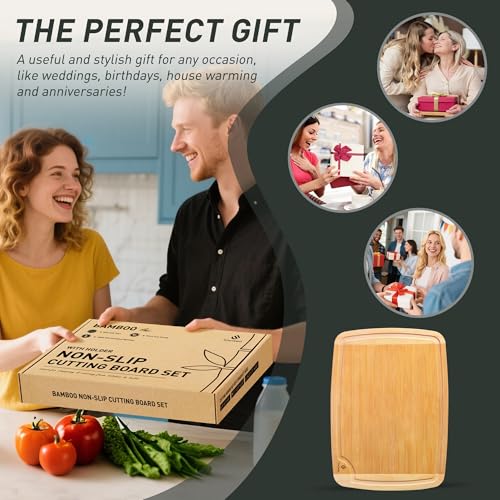 3 packs Bamboo Cutting Board Set Non Slip Feet Over Sink For Kitchen Meal Prep & Serving Brides Her Wedding Day Bridal Shower Engaged Wed House Christmas Married Future Unique Cool Gifts (3 Pack / Two-Tone Bamboo)