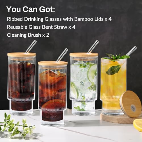 16OZ Ribbed Glass Cups with Lids and Straws (4*Glasses+4*Lids+4*Straws)
