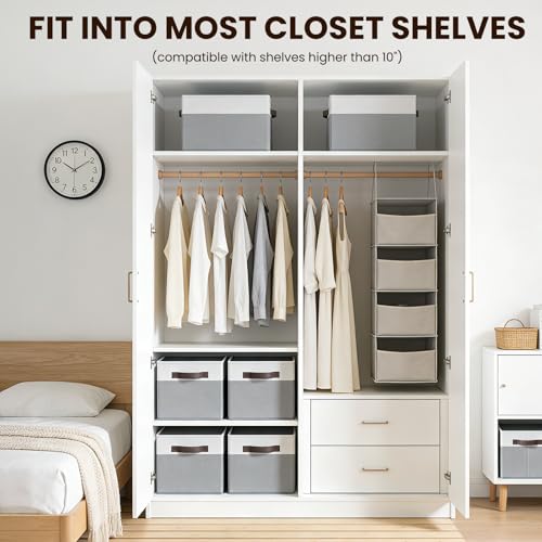 4 Pack Large Closet Storage Baskets Bins for Shelves (4pcs - Rectangular 14"x10"x9.5" / White with Grey)