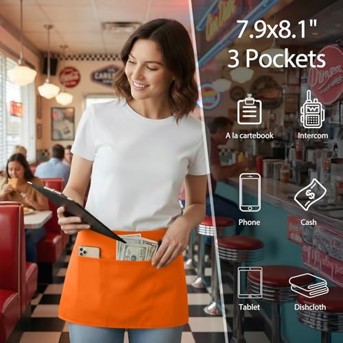 Waist Apron with 3 Pockets 3 Pack (3 Pack Orange)