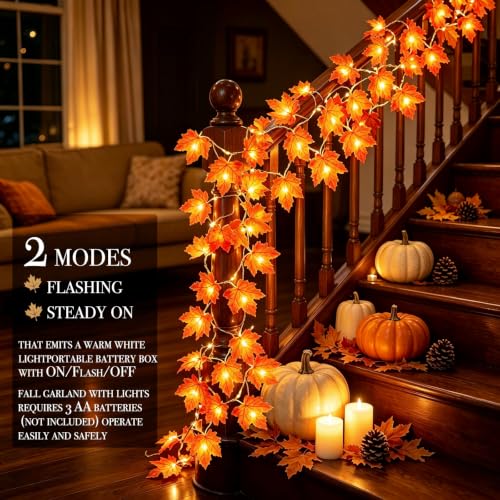 Fall Decor 2 Pack Fall Garland with Lights Enlarged Maple Leaves 20Ft 40LED (2 Pack)