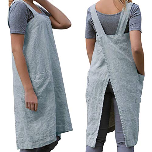 Cotton Linen Apron Cross Back Apron for Women with Big Pockets Square Pinafore Dress for Baking Cooking BBQ & Grill (Light Blue / X-Large)