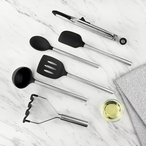 Silicone Cooking Utensil Set of 6 Stainless Steel Handle Ladle Slotted Turner Tongs Flex Core Spatula Scraper Mixing Spoon & Potato Masher (Black)