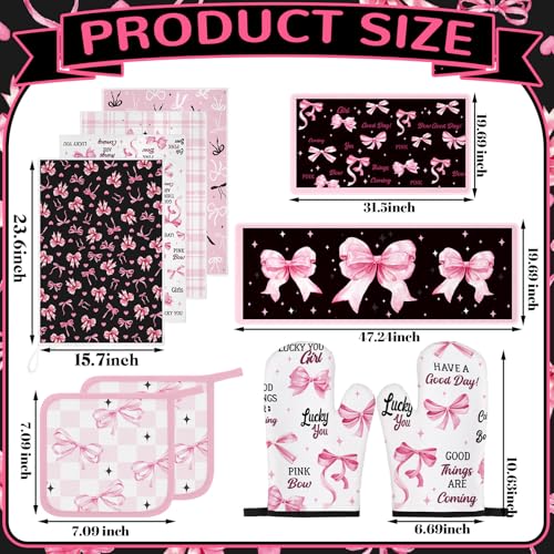 10 Pcs Bow Kitchen Dish Towels Rugs Oven Mitts and Pot Holders Set Farmhouse Kitchen Decor Set for Women Mom Daughter Gift Cooking Baking Grilling (Black, Pink / Bow)