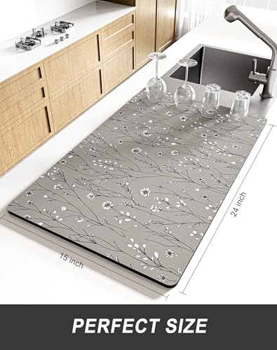 Dish Drying Mat for Kitchen Counter (Grey Wildflowers / 15" x 24")