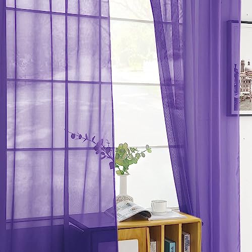 Sheer Voile Window Treatment Rod Pocket Curtain Panels for Kitchen Bedroom Living Room Drapes Sunlight Filtering Privacy Semi Home Decor Assorted (Purple / 52"W x 108"L (Pack of 2))