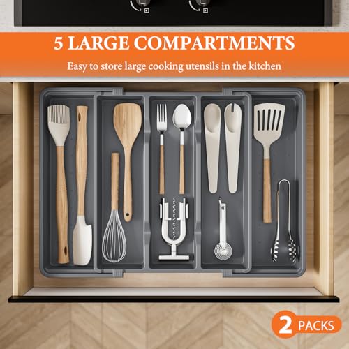 Large Expandable Silverware Drawer Organizer (Gray)