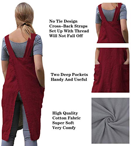 Women's Cross Back Pinafore Apron with Large Pockets Home Kitchen (Medium / Wine Red)