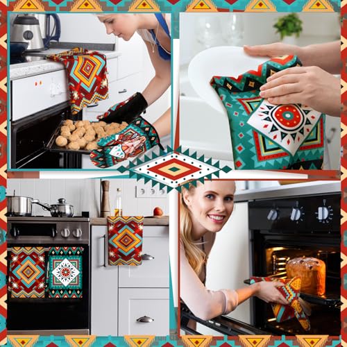 6 Pcs Kitchen Decor Set Accessorie Farmhouse Kitchen Towels Pot Holders Oven Mitts Set 2 Dish Towels 2 Pot Holders 2 Cooking Mittens Oven Glove for Cooking (Retro Color / Western Boho Aztec))