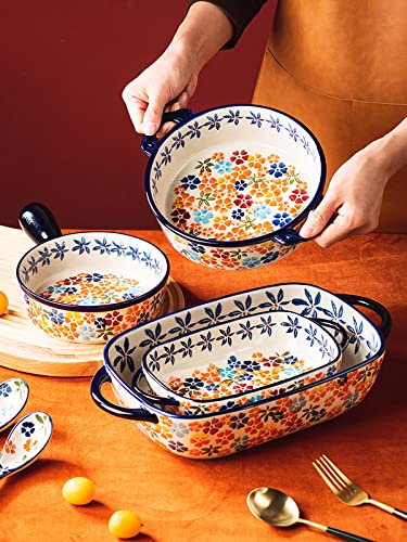 Colorful Cherry Blossom Flowers Vintage Style Ceramic Bakeware Dish Casserole Dish Baking Pan Lasagna Pans with Handles for Oven (Colorful Flowers / 22 OZ)