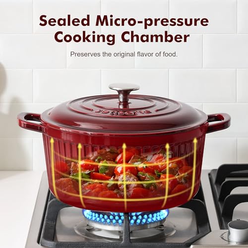 6.5QT Enameled Cast Iron Dutch Oven Pot with Lid&Cotton Potholders (Burgundy Red / 6.5 Quarts)