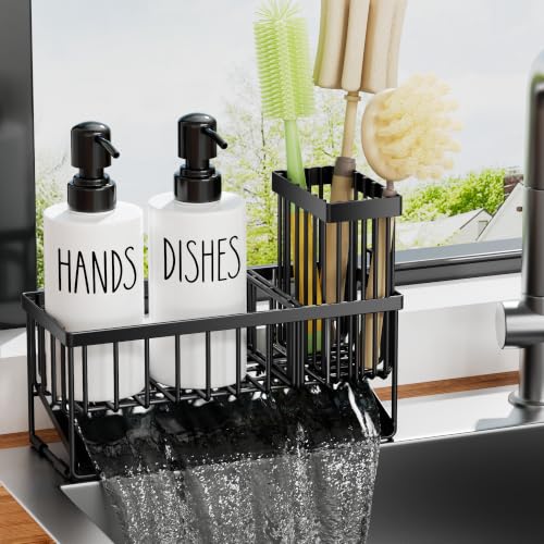 Kitchen Dish Soap Dispenser Set with Sponge Holder (Black+white)