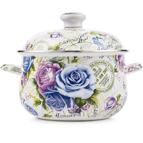 5 Qt Enamel Stock Pot with Lid (Blue Rose-5QT)