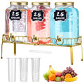 3 Pcs 2.5 Gallon Beverage Dispensers for Parties Glass Drink Water Dispenser with Stand Stainless Steel Leakproof Spigot Ice Cylinder Hanging Chalkboard Signs Pen (Gold)