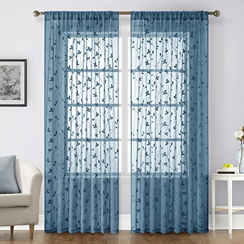 Cyan Blue Sheer Curtains Vine Embroidered (52"W x 84"L (Pack of 2) / Cyan Blue)