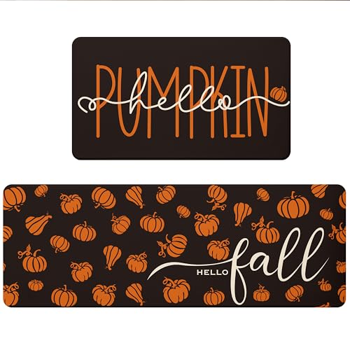 Fall Autumn Pumpkin Black Kitchen Rug Sets 2 PCs (Black / 17.3"x29"+17.3"x47"-0.4"H)