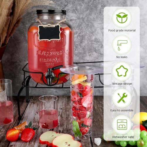 2 Pcs 2 Gallon Glass Drink Dispenser with Stand Ice Cylinder Hanging Chalkboard Signs 18 (Black Spigot)
