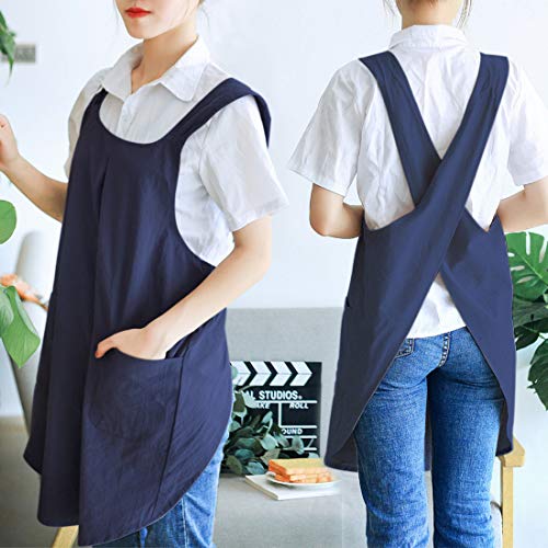 Japanese Linen Cross Back Kitchen Cooking Aprons for Men with Pockets for Baking Painting Gardening Cleaning Navy Blue (03 - Women's Navy Blue)