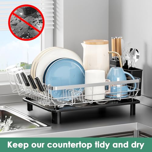 Stainless Steel Dish Drying Rack for Kitchen Counter (Black Silver / 13''W x 17''L)