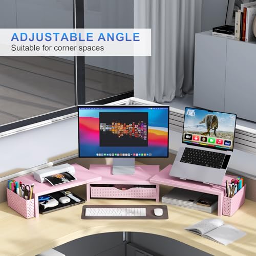 Dual Monitor Stand Riser With Drawer and 2 Pen Holders (Pink)