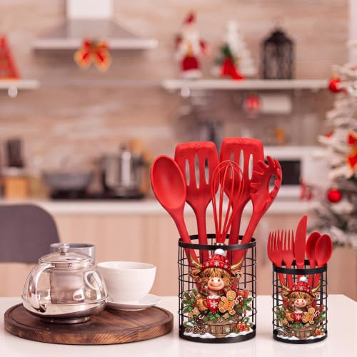 2 Pcs Christmas Kitchen Decor Highland Cow Metal Utensil Holder (Christmas)