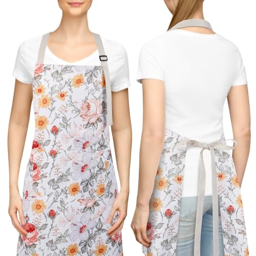 Floral Apron for Women with Pockets Cotton Canvas Waterproof Apron Cooking Baking Painting Gift (White)