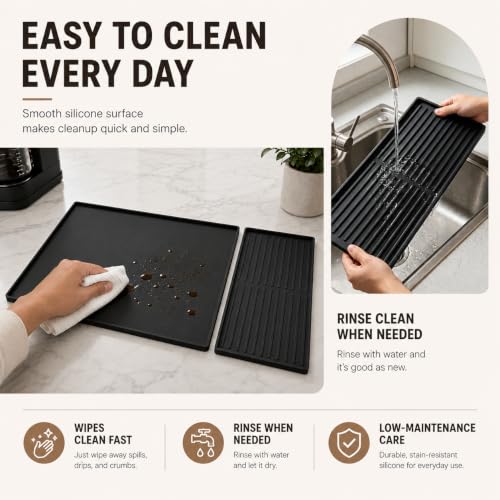Silicone Coffee Mat with Removable Tray for Coffee Bar Organizer (Classic Black)