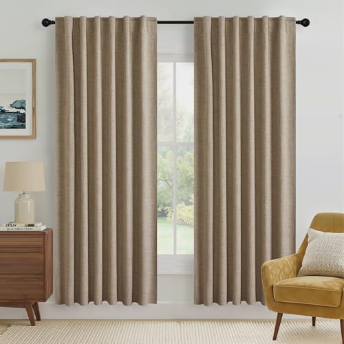 Burlap 100% Blackout Linen Curtains 72 Inch Long for Bedroom (Burlap / 52"W x 72"L (Pack of 2))