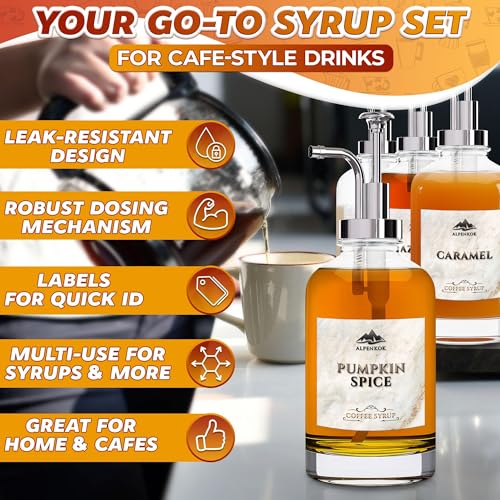 Set of 4 Glass Syrup Bottles with Pump for Coffee Bar (Silver)