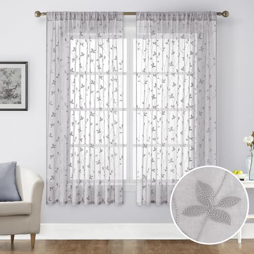 Light Grey Sheer Curtains Vine Embroidered (52"W x 63"L (Pack of 2) / Vine Light Grey)