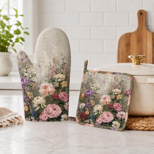 Vintage Wildflower Oven Mitts and Pot Holders Sets Silicone Kitchen Mitts Potholders Heat Resistant Oven Gloves Hot Pads for Kitchen Baking Cooking (Vintage Wildflower)