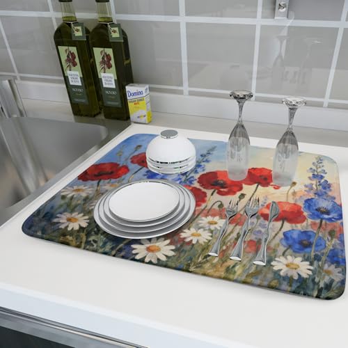 4th of July Dish Drying Mat for Kitchen Counter 18x24 Patriotic Floral Independence Day Memorial Holiday Absorbent Reversible Microfiber Drying Mats Kitchen Countertop Protector Dishes Drainer Pad (18" x 24")