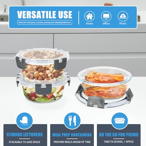 12 Pack 13oz Small Round Glass Food Storage Containers with Lids (13oz,Same Size - 12 Pack,Grey Set)