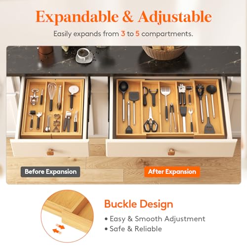 Bamboo Utensil Organizer for Kitchen Drawer (Natural / 15.6~28''W x 18.5'' D)