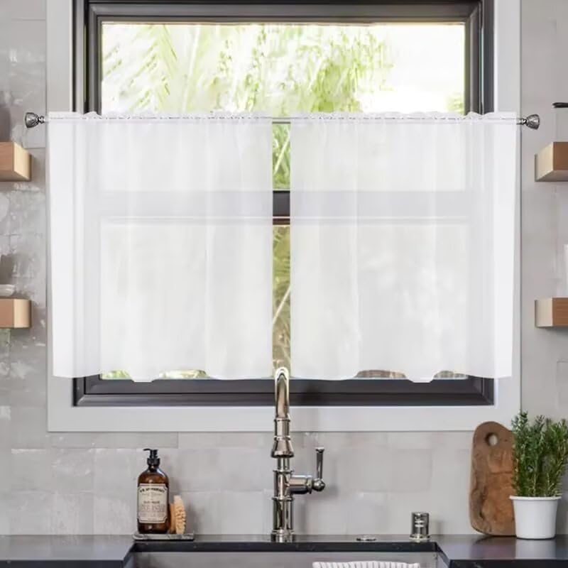 Solid Sheer Rod Pocket Curtain Voile Draperies 2 Panels White Beige Black Ivory Coffee 22 Inch Width 50 Inch Long 1 Pair for Kitchen Bedroom Children Living Room Yard (White / 22"W x 50"L (Pack of 2))