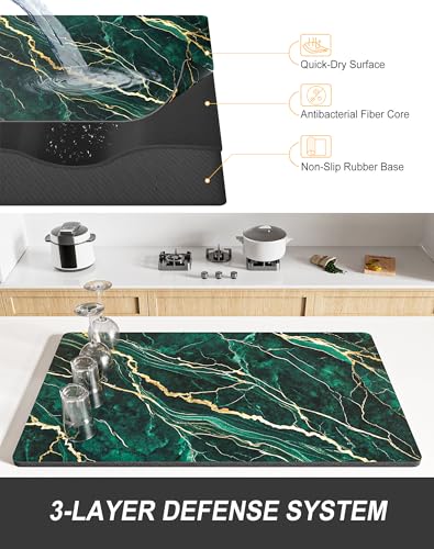 Dish Drying Mat for Kitchen Counter (Green Gold Marble / 15" x 24")