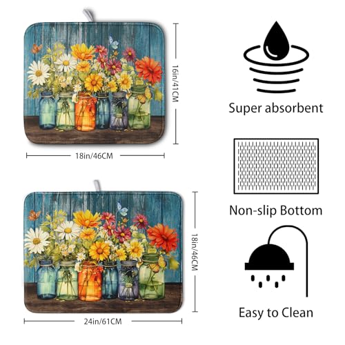 Daisy Dish Drying Mat for Kitchen Counter 18x24 Inch Rustic Vintage Flower Vases Drying Mats Microfiber Absorbent Dishes Drainer Mats Farmhouse Floral Wooden Board Dish Rack Pad (Daisy Vases / 18" x 24")