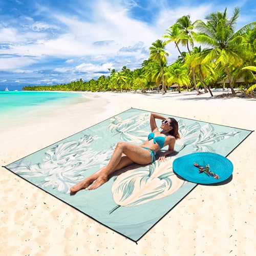 Waterproof Sandproof Beach Blanket Mat for 1 (79" X 83"（1~3 person） / Elegant Plain Green Floral)